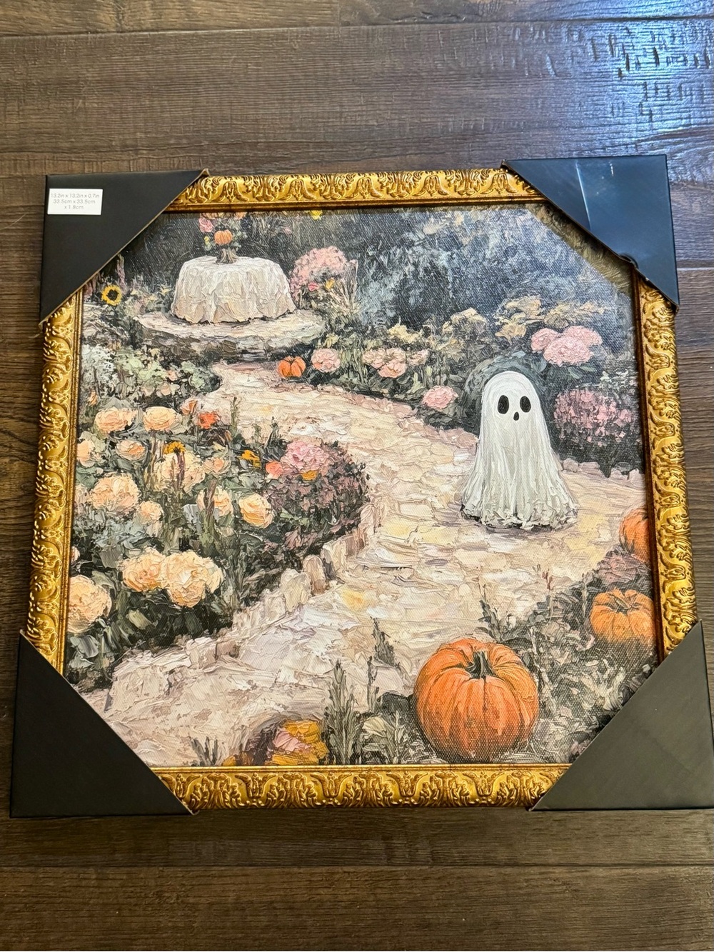 Whimsical Halloween Garden Ghost Canvas Art - Orange & Cream